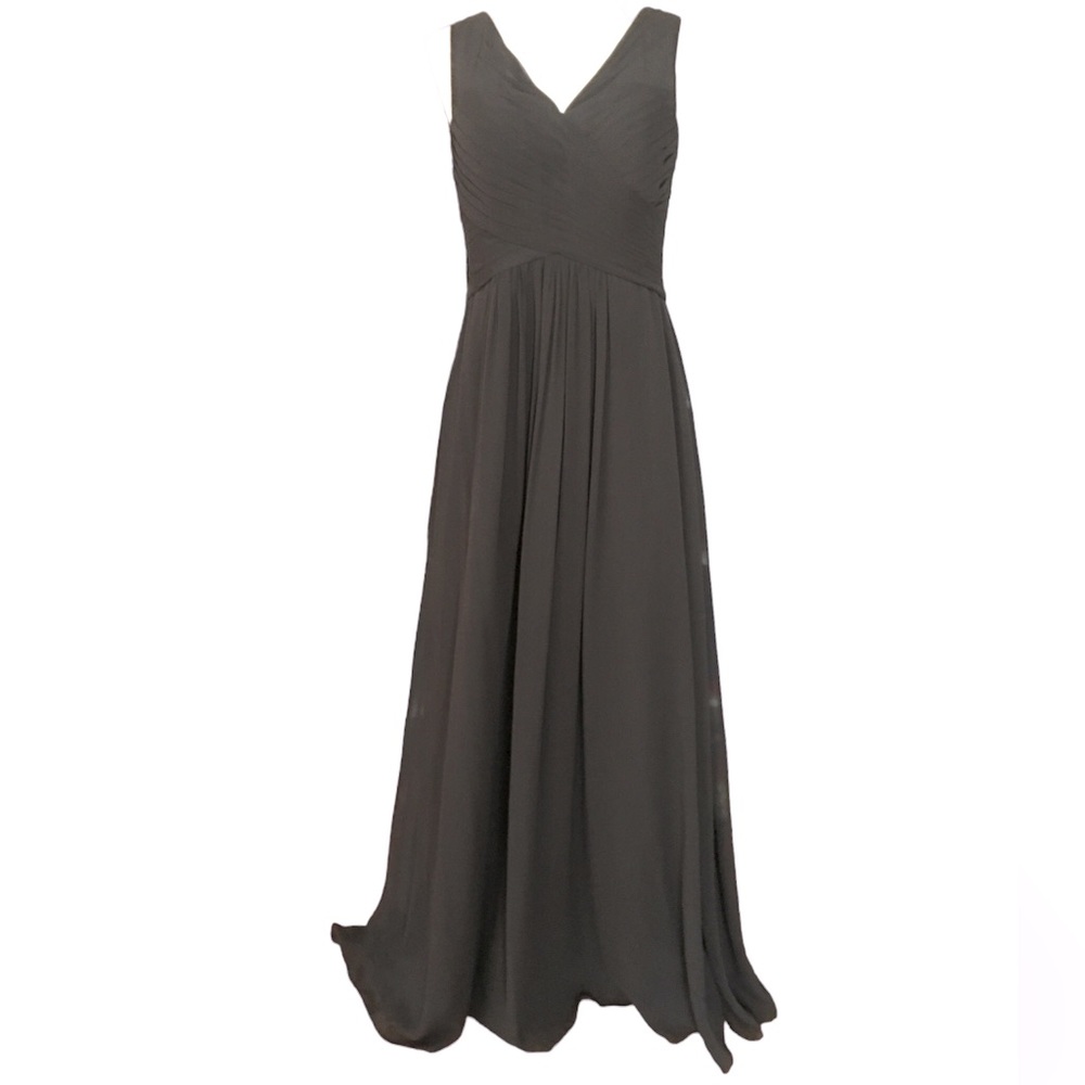 Azazie black long maxi chiffon ruched bridesmaid dress v neck size 10